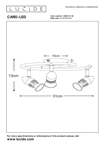 Lucide CARO-LED - Spot plafond - Ø 31 cm - LED - GU10 - 3x5W 2700K - Chrome Dépoli - TECHNISCH